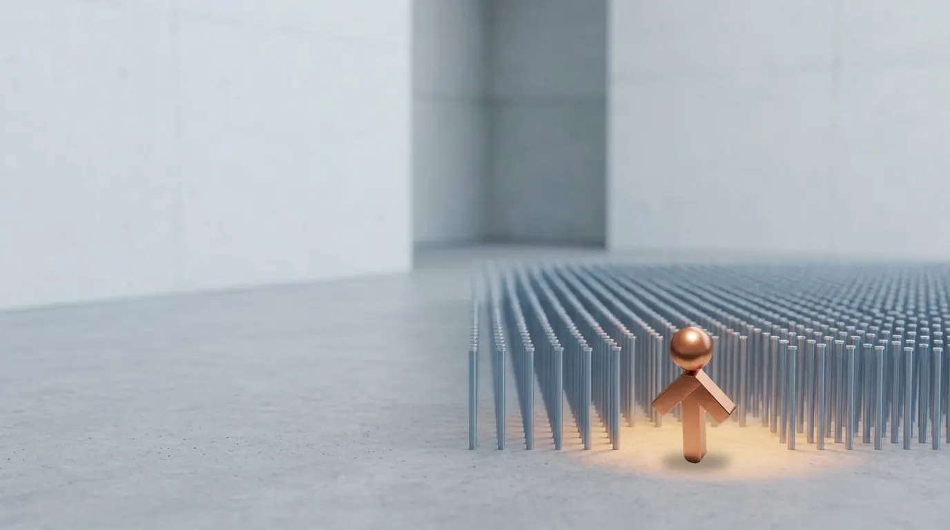 The copper figure stands in a warm pool of light at the edge of the steel pin field.